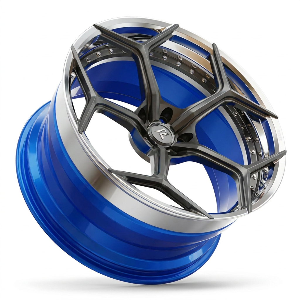 RZR VI custom forged wheel in Gloss Black Face / Polished Lip / Candy Blue Barrel