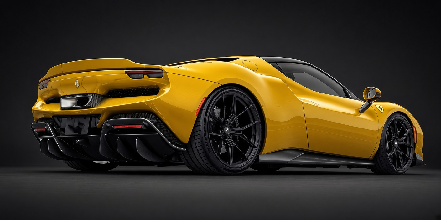 Ferrari 296 Carbon Fiber Aero Kit in yellow — rear three-quarter view