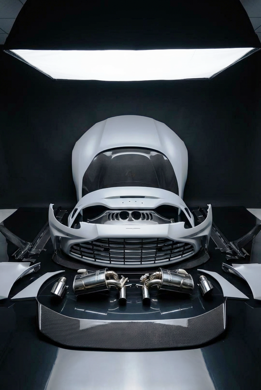 Aston Martin Vantage V8 dry carbon body kit by RAZOR TEC — full component layout with valved exhaust system