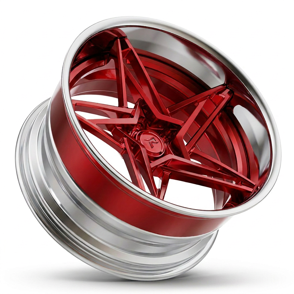 RZR IX forged wheel — Candy Red Face / Polished Lip / Brushed Silver Barrel