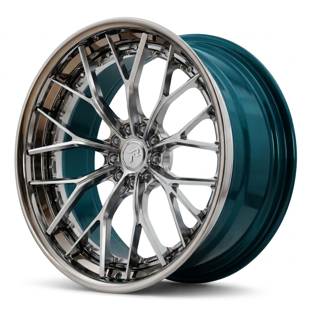 RZR III forged wheel — Polished Chrome Face and Lip / Candy Teal Barrel