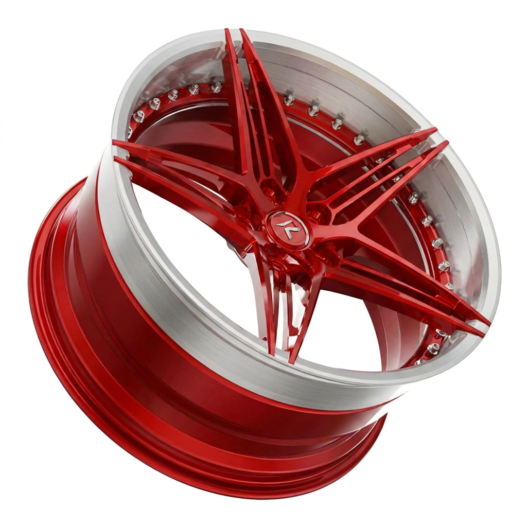 RZR VII custom forged wheel in Candy Red Face / Brushed Silver Lip