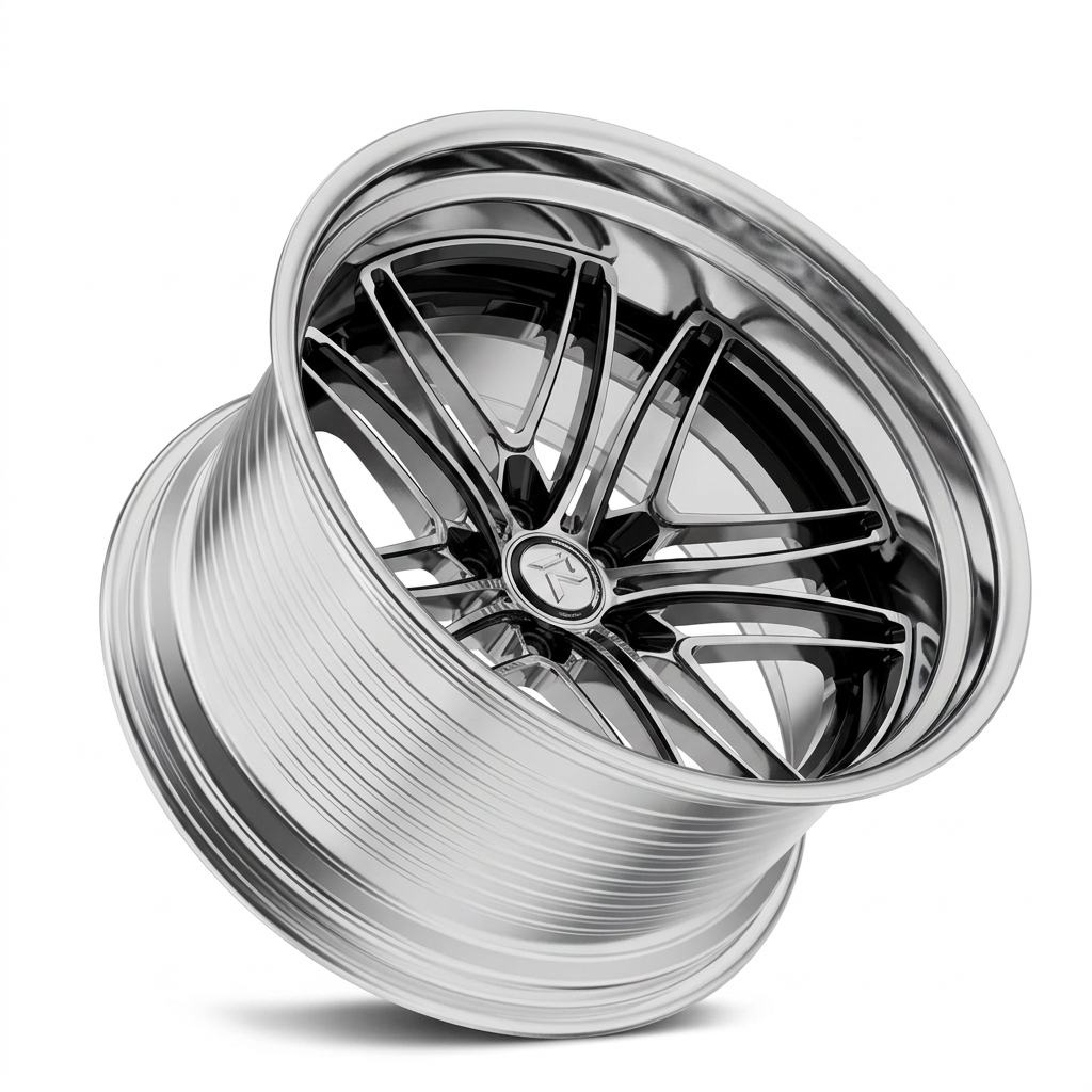 RZR LXVIII forged wheel — Liquid Silver Chrome / Black Accents