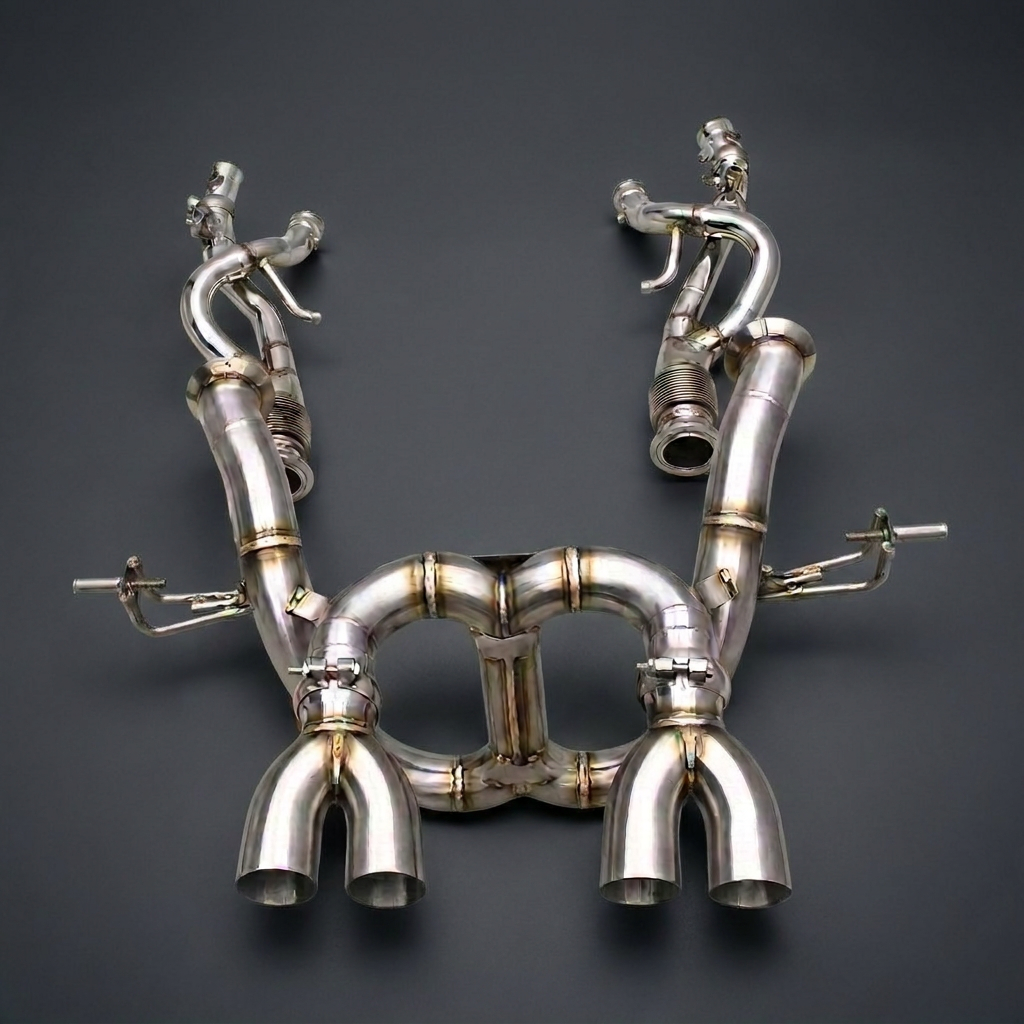 Lamborghini Revuelto RAZOR TEC stainless steel valvetronic exhaust system shown on a grey studio backdrop with quad tips and valve actuators