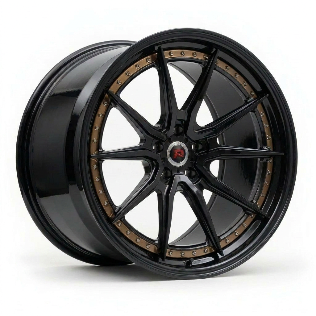 RZR XXIX forged wheel — Gloss Black / Bronze Ring / Polished Lip