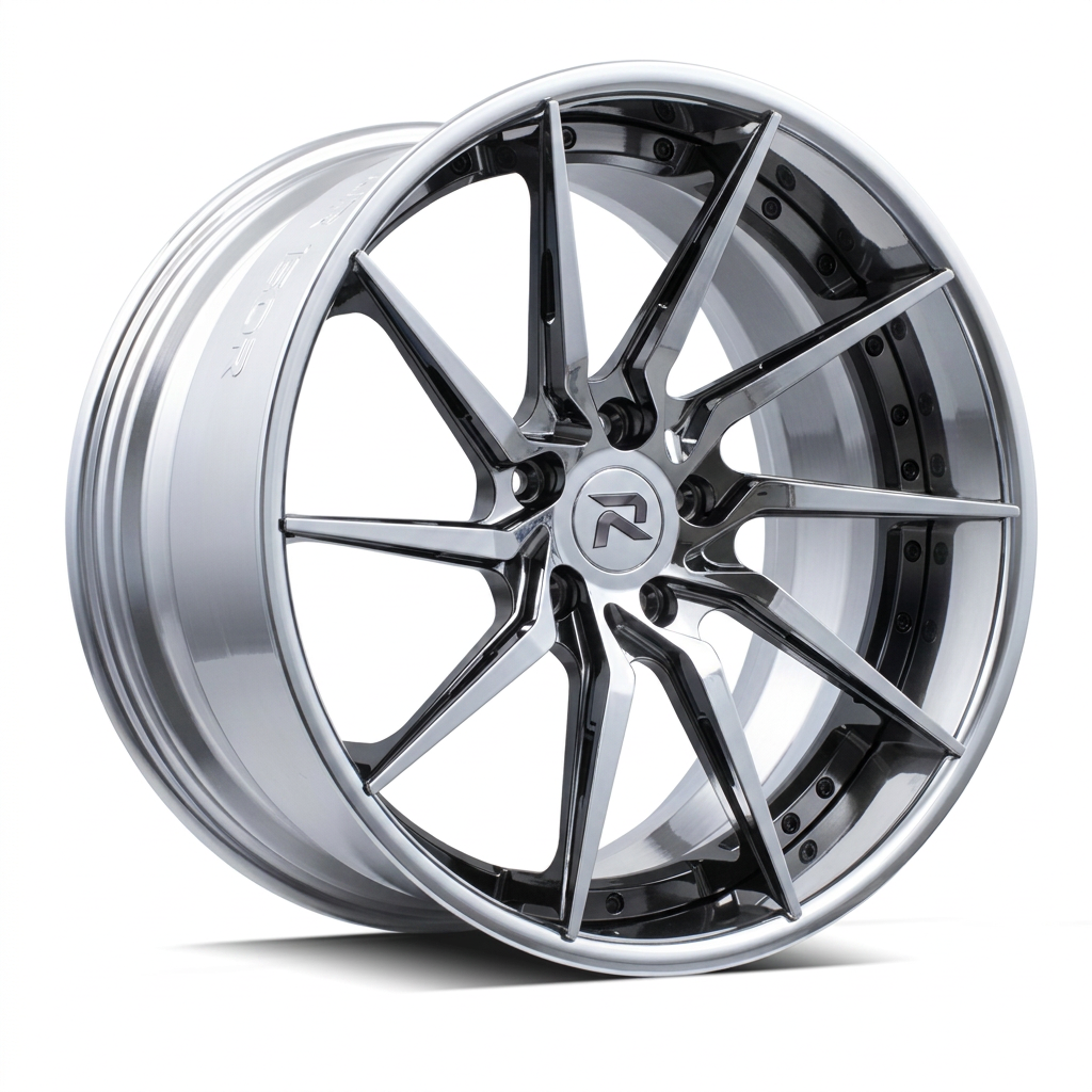 RZR XCIV forged wheel — Liquid Silver Chrome / Black Accents