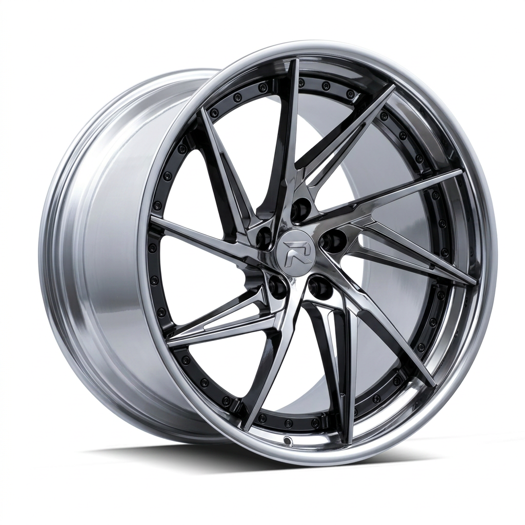 RZR XCIX forged wheel — Liquid Silver Chrome / Black Accents