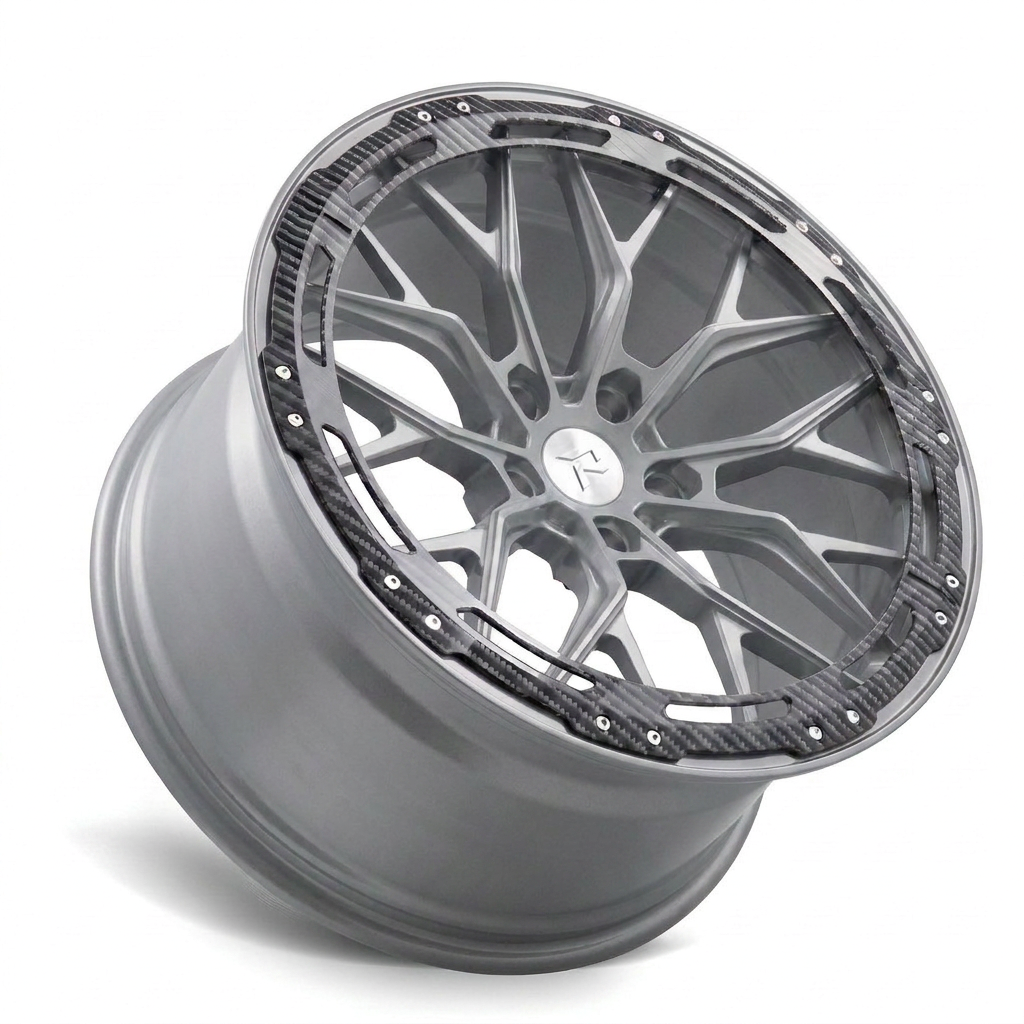 RZR LXX forged wheel — Brushed Silver Machined / Carbon Fibre Lip