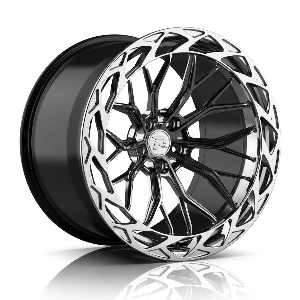 RZR CXXXIX forged wheel — Liquid Silver Chrome / Black Accents