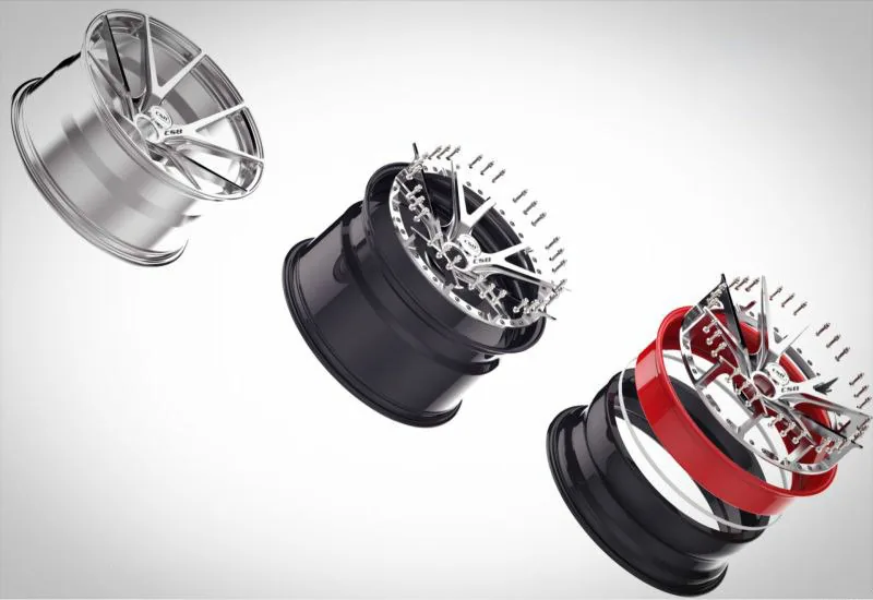 Exploded view of monoblock, 2-piece and 3-piece forged wheels