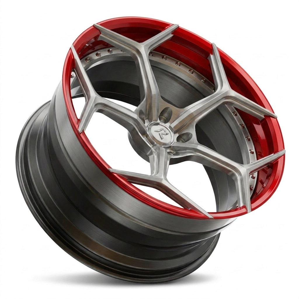 RZR VI forged wheel — Brushed Titanium / Gloss Red Lip