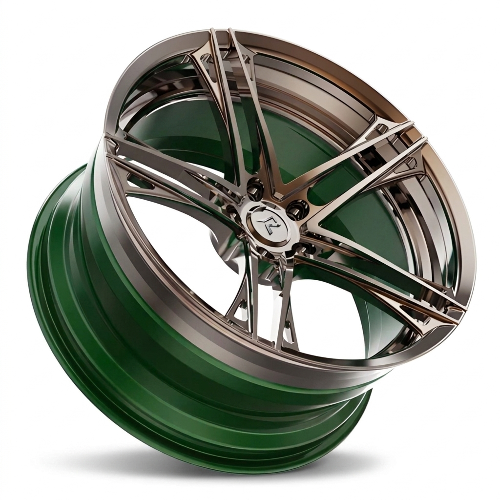 RZR V forged wheel — Polished Bronze Face / British Racing Green Barrel