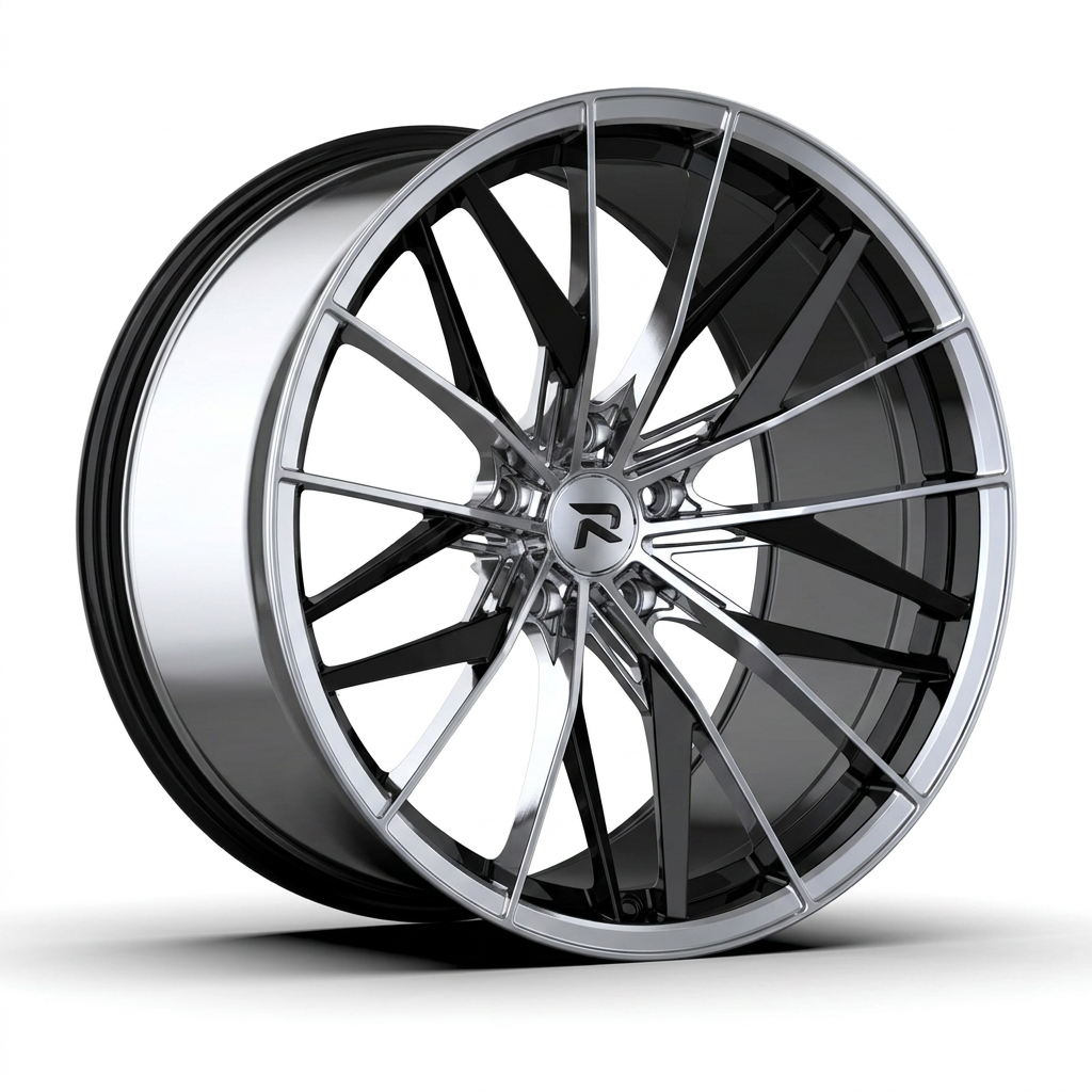 RZR CXXXVIII forged wheel — Liquid Silver Chrome / Black Accents
