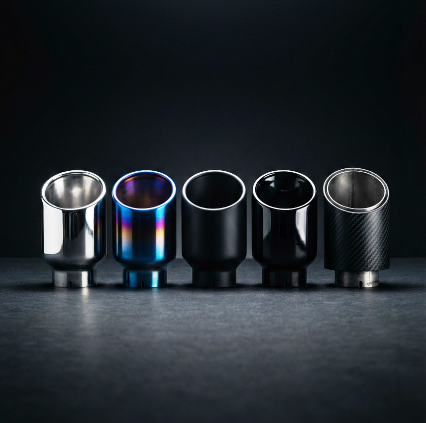 RAZOR exhaust tips in polished, blue torched, matt black, gloss black and carbon fiber finishes