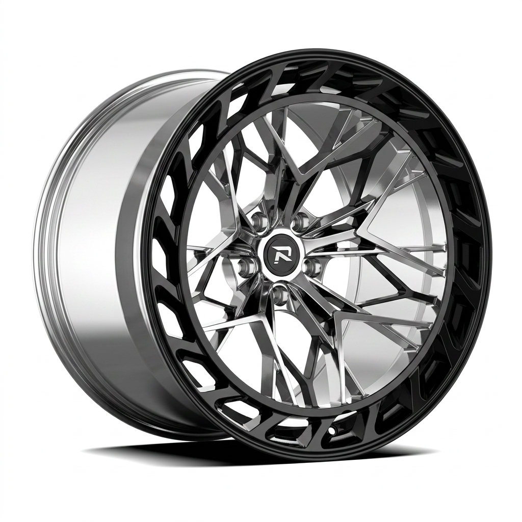 RZR CLXIX forged wheel — Liquid Silver Chrome / Black Accents