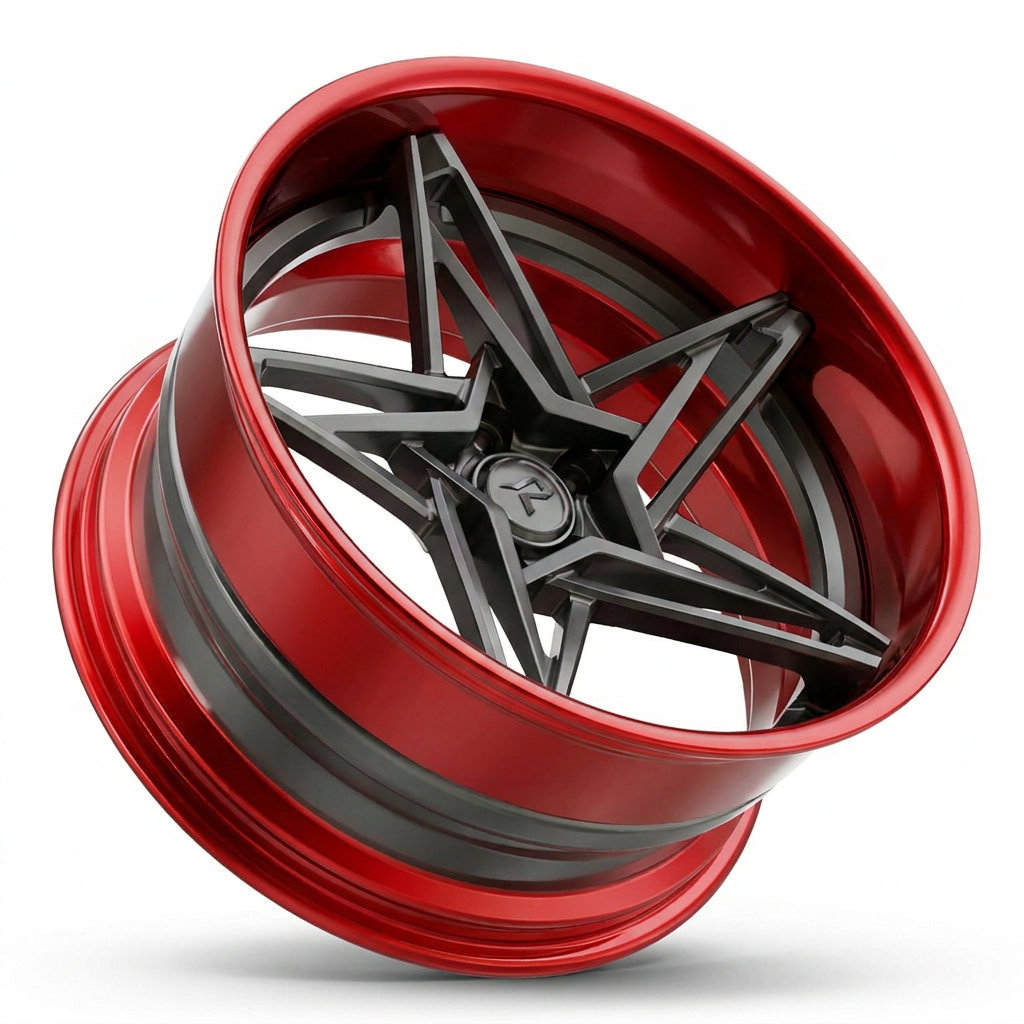 RZR IX forged wheel — Satin Gunmetal Face / Candy Red Barrel