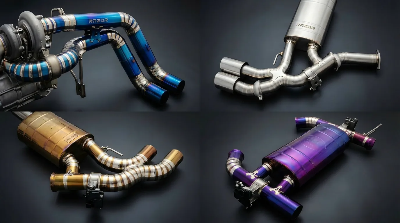 Razor titanium exhaust systems in silver, blue, gold, and purple finishes