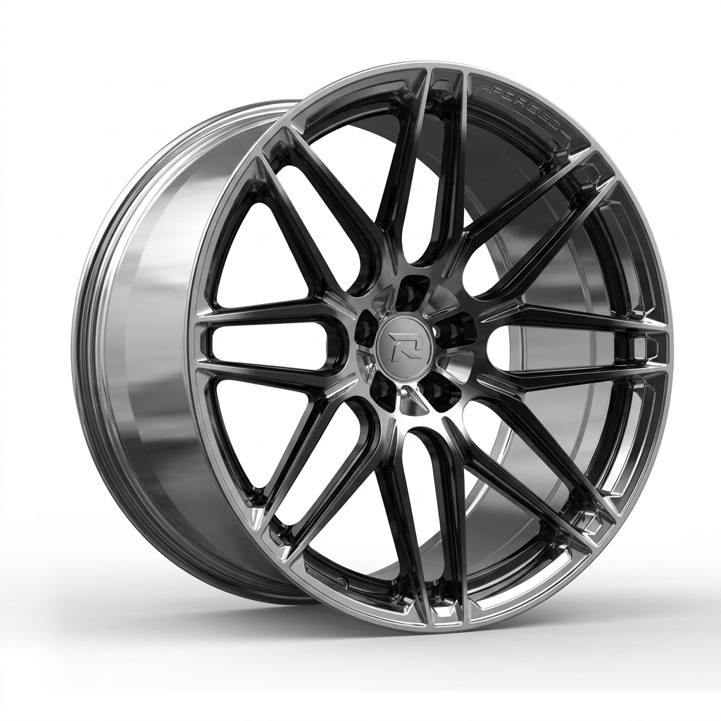RZR CXVIII forged wheel — Liquid Silver Chrome / Black Accents