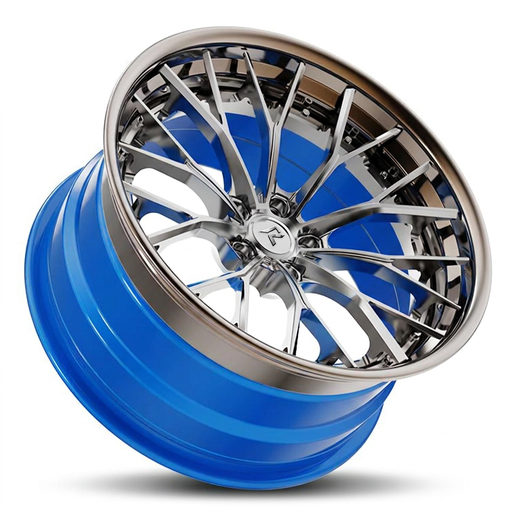 RZR III forged wheel — Brushed Chrome Face / Bronze Lip / Gloss Blue Barrel