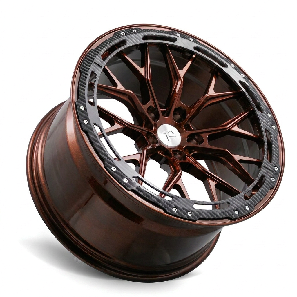 RZR LXX forged wheel — Polished Copper Rose Gold / Carbon Fibre Lip