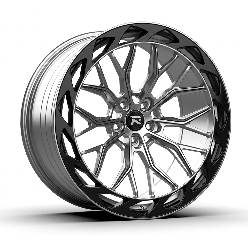 RZR CXXIII forged wheel — Liquid Silver Chrome / Black Accents
