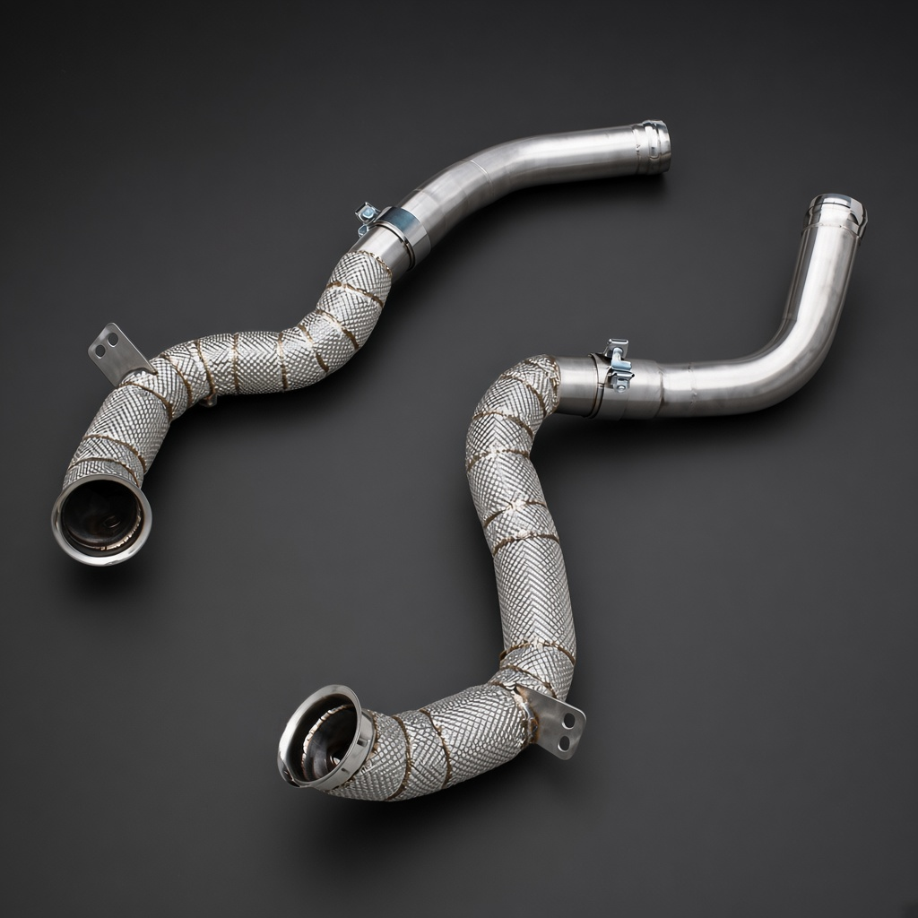 Mercedes E63S AMG W213 heat-wrapped catless / catted downpipes by RAZOR TEC