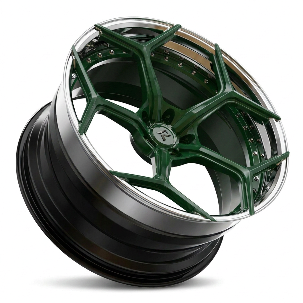 RZR VI custom forged wheel in British Racing Green Face / Polished Lip / Gloss Black Barrel
