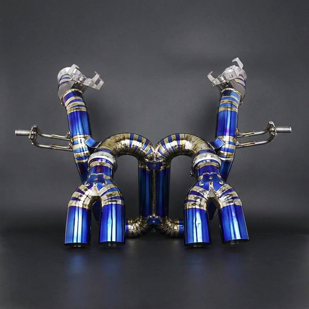 Lamborghini Revuelto titanium race exhaust system blue heat-treated finish on grey studio background