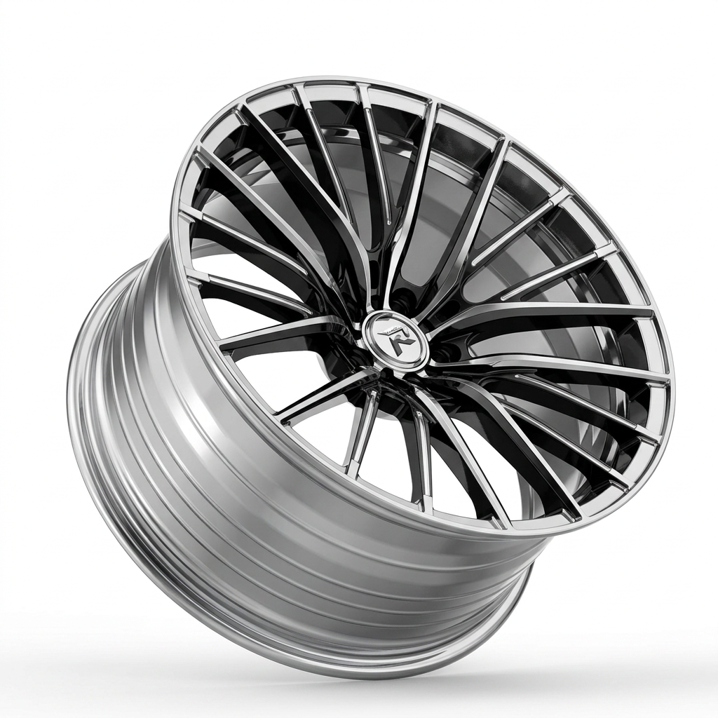 RZR LXXVI forged wheel — Liquid Silver Chrome / Black Accents