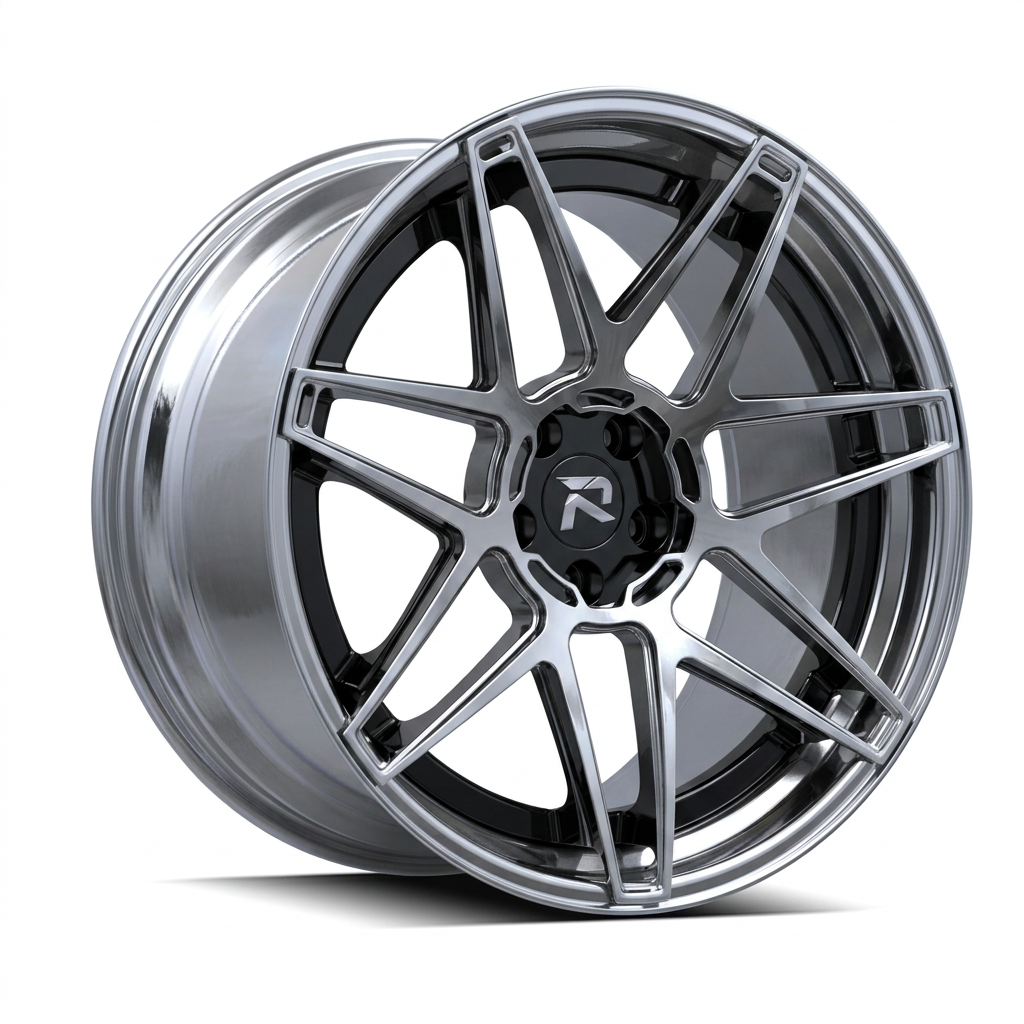 RZR XCVIII forged wheel — Liquid Silver Chrome / Black Accents