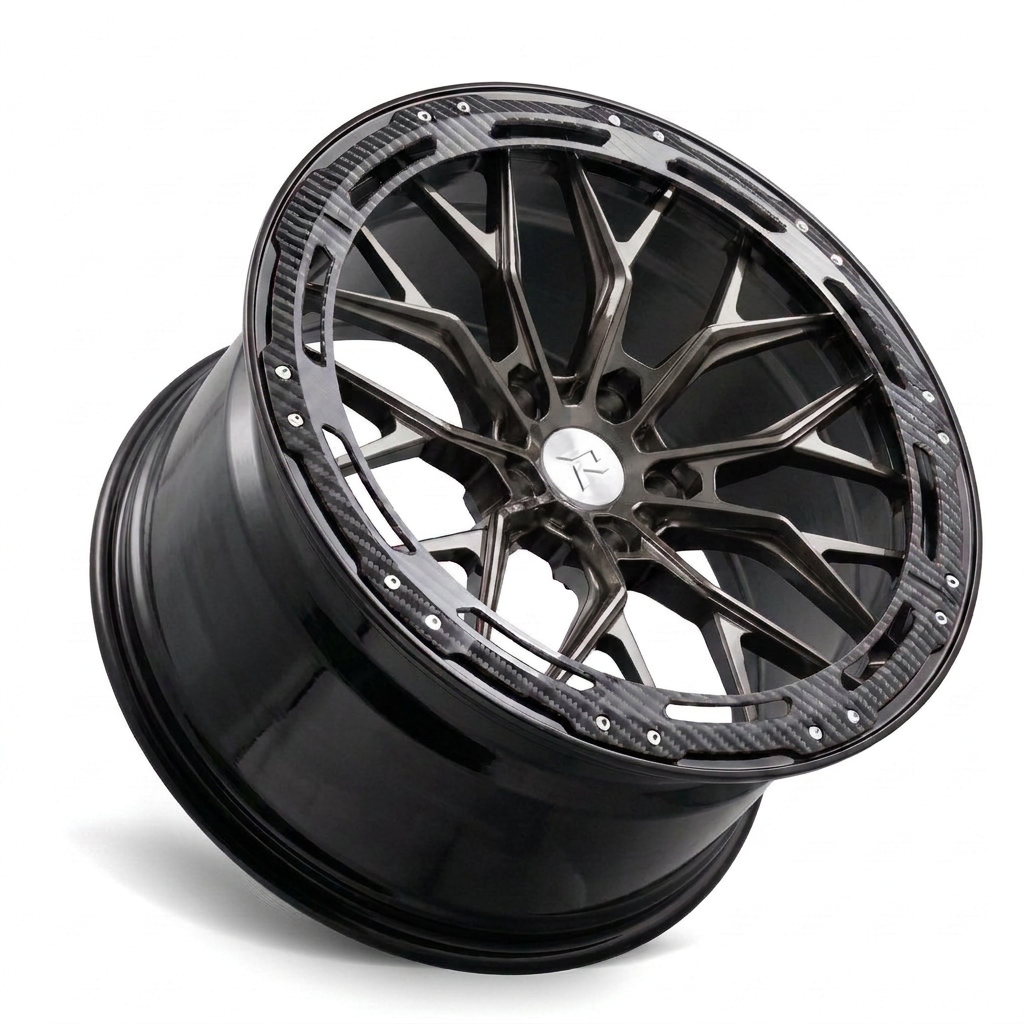 RZR LXX forged wheel — Smoked Gunmetal Tint / Carbon Fibre Lip / Gloss Black Barrel