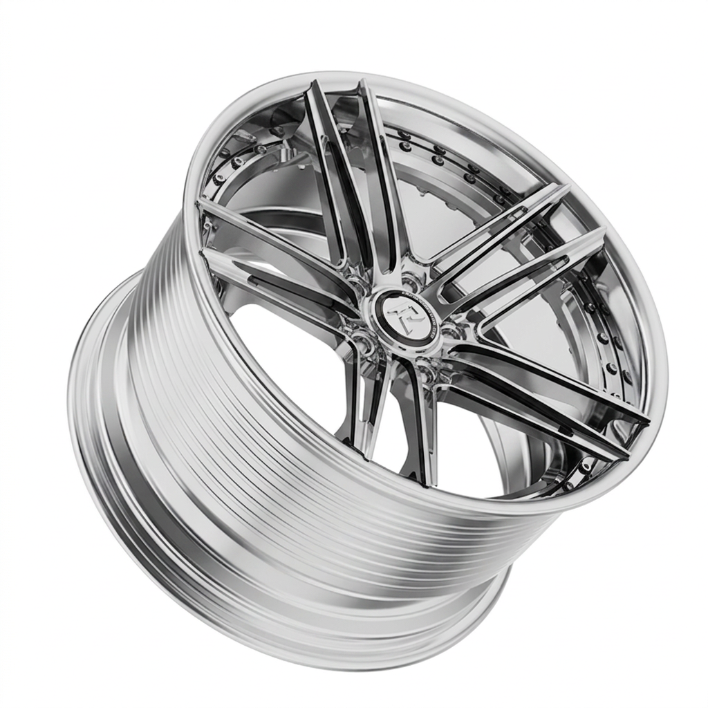 RZR LXIX forged wheel — Liquid Silver Chrome / Black Accents