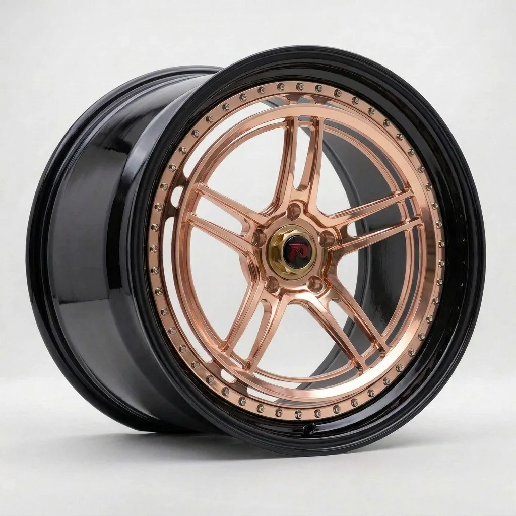 RZR LVII forged wheel — Brushed Rose Gold / Gloss Black Lip