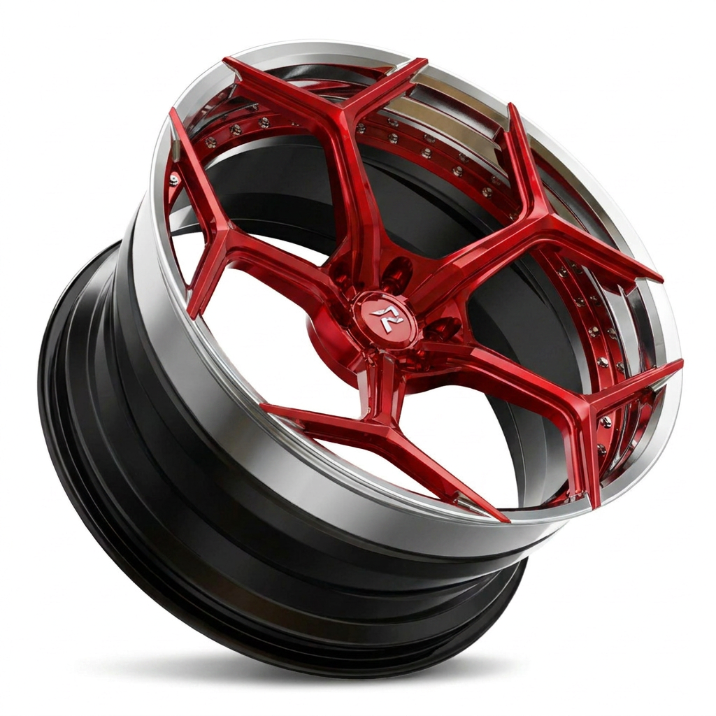 RZR VI custom forged wheel in Candy Red Face / Polished Lip / Gloss Black Barrel