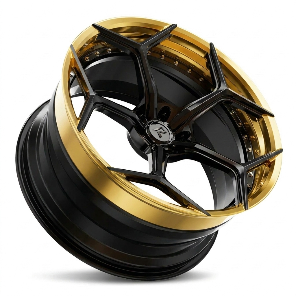 RZR VI custom forged wheel in Gloss Black Face / Polished Gold Lip / Gloss Black Barrel